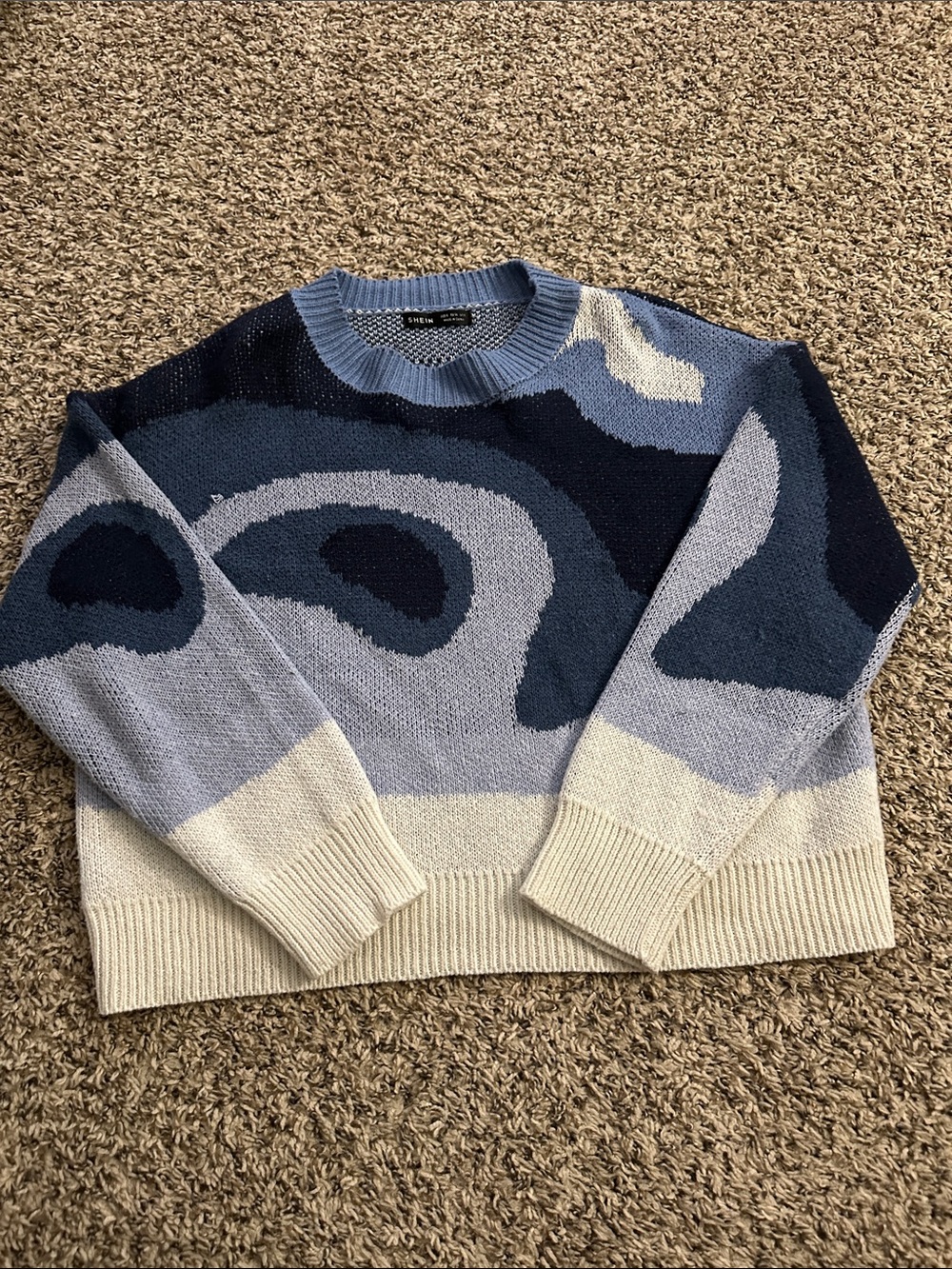 SHEIN Blue and Cream Abstract Crewneck Sweater